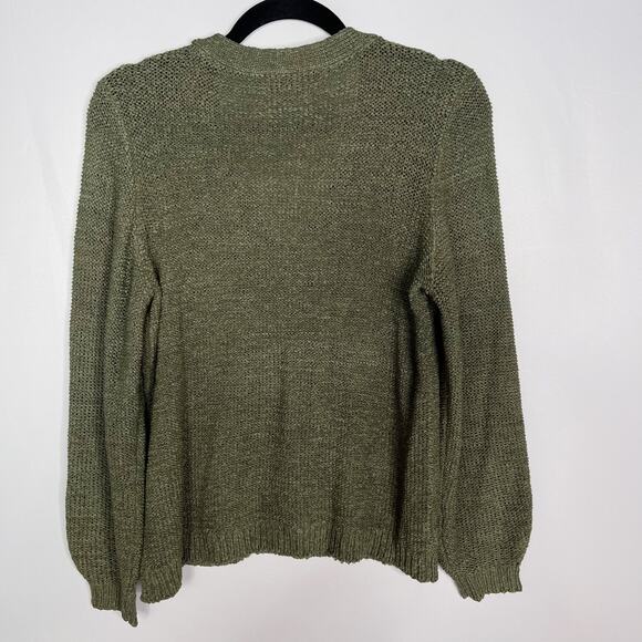 New LOFT Medium M Olive Green Deep V Neck Open Knit Sweater Long Sleeve - Picture 2 of 8